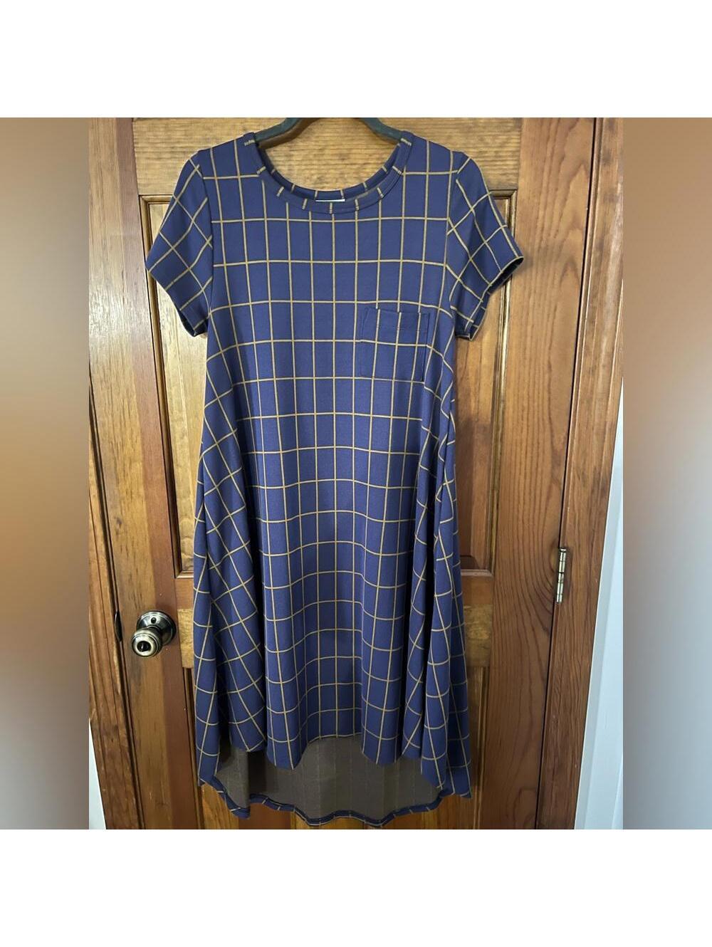 LuLaRoe Carly Dress Blue Gold High Low Swing Dress A Line T Shirt Small EUC